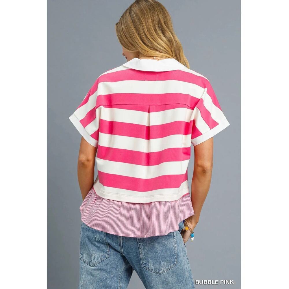 Umgee - Chic Contrast Stripe Collared Top - Small - Picture 5 of 6